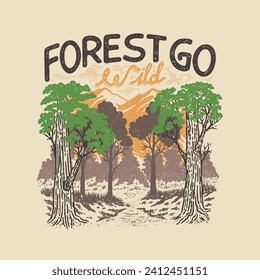 ilustración forestal árbol gráfico diseño de montaña placa de madera vintage exterior paisaje de dibujo