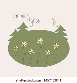 Forest illustration with yellow flowers, moon and stars with "summer nights" phrase.