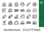 Forest Industry and Forestry isolated icons set. Set of wooden planks warehouse, forestry helmet, log loader, logging truck, timber trailer, sawmill, lvl, glued beam, wood drying vector icon