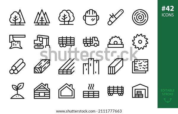 Forest Industry and Forestry isolated icons set. Set\
of wooden planks warehouse, forestry helmet, log loader, logging\
truck, timber trailer, sawmill, lvl, glued beam, wood drying vector\
icon
