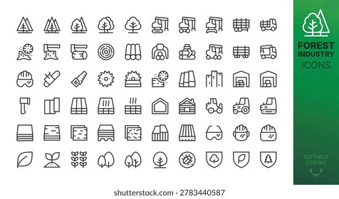 Forest Industry Line Icons Set. Set of Forestry and Logging Equipment, Forwarder, Wheeled Harvester, Tracked Log Loader, Forest Restoration, Lumber, Timber, Sawmill vector icon with editable stroke