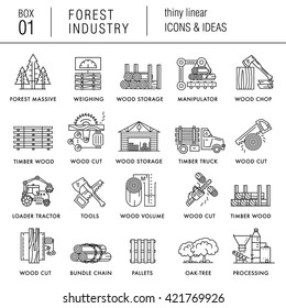 The forest industry in the modern linear style icons with various sectors, leaves, trees, pallets, machinery, machine tools, storage, tools and others. Realistic style with the best modern ideas