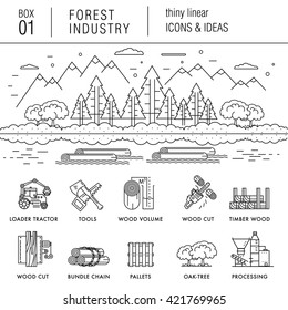 The forest industry in the modern linear style icons with various sectors, leaves, trees, pallets, machinery, machine tools, storage, tools and others. Realistic style with the best modern ideas