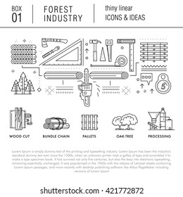 The forest industry in the modern linear style icons with various sectors, leaves, trees, pallets, machinery, machine tools, storage, tools and others. Realistic style with the best modern ideas