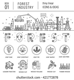 The forest industry in the modern linear style icons with various sectors, leaves, trees, pallets, machinery, machine tools, storage, tools and others. Realistic style with the best modern ideas