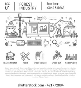 The forest industry in the modern linear style icons with various sectors, leaves, trees, pallets, machinery, machine tools, storage, tools and others. Realistic style with the best modern ideas