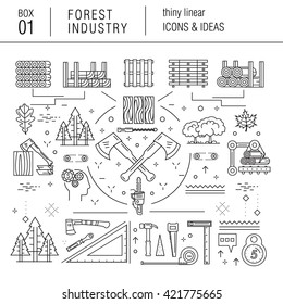 The forest industry in the modern linear style icons with various sectors, leaves, trees, pallets, machinery, machine tools, storage, tools and others. Realistic style with the best modern ideas