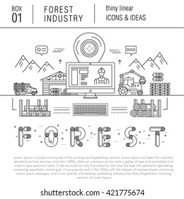 The forest industry in the modern linear style icons with various sectors, leaves, trees, pallets, machinery, machine tools, storage, tools and others. Realistic style with the best modern ideas