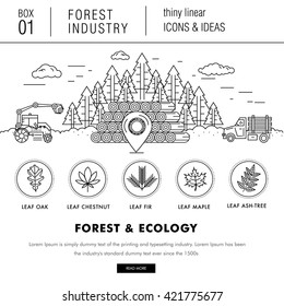 The forest industry in the modern linear style icons with various sectors, leaves, trees, pallets, machinery, machine tools, storage, tools and others. Realistic style with the best modern ideas