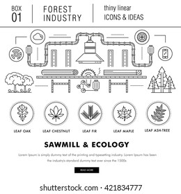 The forest industry in the modern linear style icons with various sectors, leaves, trees, pallets, machinery, machine tools, storage, tools and others. Realistic style with the best modern ideas