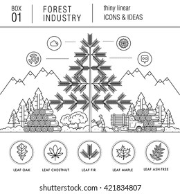 The forest industry in the modern linear style icons with various sectors, leaves, trees, pallets, machinery, machine tools, storage, tools and others. Realistic style with the best modern ideas