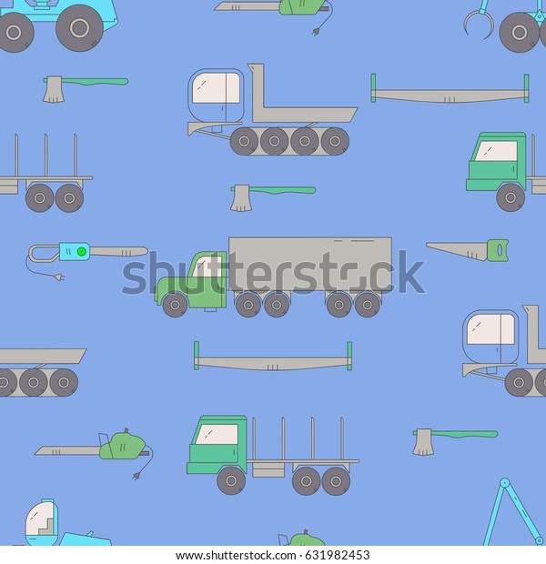 Forest industry\
seamless pattern. Woodworking vector print. Forest harvester, truck\
dumper, truck, trailer and tools. Wood transportation equipment.\
Flat line.