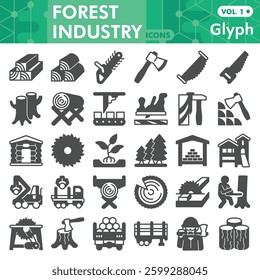 Forest industry symbols collection or sketches, forestry theme bar in glyph style signs for web and app. Vector graphics isolated on white background