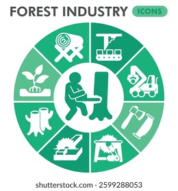 Forest industry symbols collection or sketches, forestry theme diagram pie in glyph style signs for web and app. Vector graphics isolated on white background