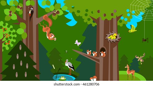 Forest  info-graphic in low polygon style. Vector illustration of forest animals.