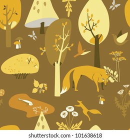 Forest and its inhabitants. Seamless pattern. vector