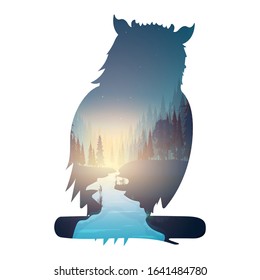 Forest inside an owl. Silhouette of an owl. Inside a mysterious night forest with the moon and flying birds. Good for decorating postcards and t-shirts. Vector illustration isolated.