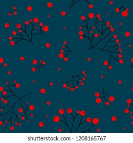 Forest inspiration vector pattern with rowan berry. Christmas seamless botanical background. Flat simple seamless stylish template for wedding, invitations, textile, wrapping paper