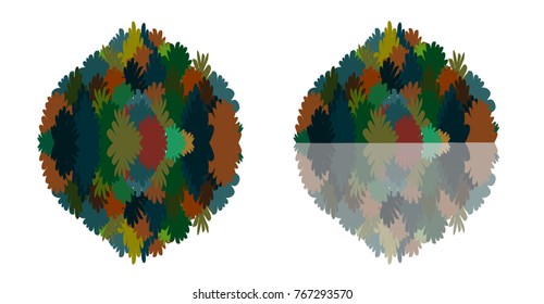 Forest islands with reflections: light and dark. Decorative colorful compositions 