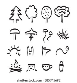 Forest items vector black line art set hand drawn