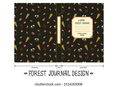 Forest Journal Cover Design decorated with natural elements like plants and handwritten calligraphy text. Vector isolated graphic design illustration. planner, notepad, journal, diary, notebook.
