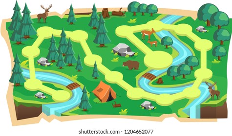 Forest Jungle 2D Game Maps with Path and Green land with Bear, Mouse Deer, Tent, Rivers, stone and Trees for Platform Vector Illustration