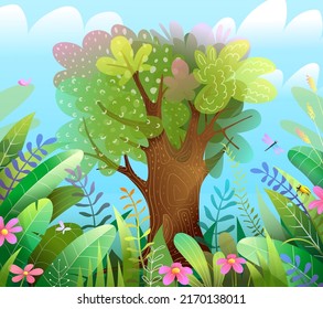 Bosque o jungla con un gran árbol solitario y coloridas hojas y flores. Selva o bosques ilustran de forma verde brillante para los niños. La jungla mágica vectorial para los niños.