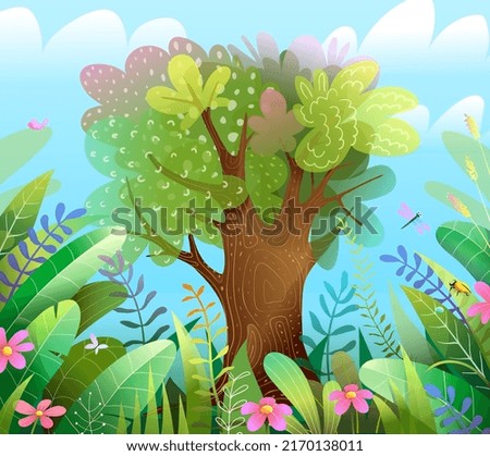 Forest or jungle with big lonely tree and colorful leaves and flowers. Forest or woods bright green illustration for kids. Vector magic jungle for kids.