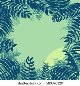 Forest jungle foliage leaves frame background with moon vector