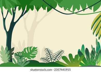 Forest and jungle landscape background. Cartoon illustration with flat design.