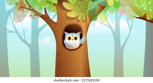 Forest or jungle tree with owl sitting in hollow and greeting, wallpaper illustration for children. Illustrated woods scene, with big thick trunk in the middle. Vector horizontal background for kids.