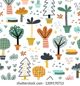 Forest. Jungle tropical seamless pattern in childish style. Different kinds of trees - hand drawn vector illustration in creative organic style. Perfect for kids fabric, textile, nursery wallpaper.