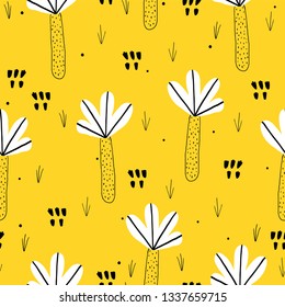 Forest. Jungle tropical seamless pattern in childish style. Perfect for kids fabric, textile, nursery wallpaper. Yellow background.