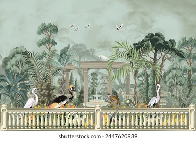 Ilustraciones de Fondo de pantalla de selva forestal. Cúpula del arco del jardín, ilustraciones de Fondo de pantalla de la selva del pájaro. Diseño de Fondo de pantalla forestal de ensueño.