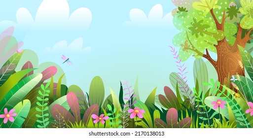 Papel pintado de bosque o jungla con árbol y follaje colorido, con espacio de copia para texto. Ilustración de bosque infantil o de bosques para diseño de banner horizontal o de cubierta. La jungla vectorial para los niños.