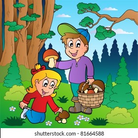 Forest with kids mushrooming - vector illustration.