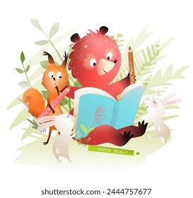 Forest kindergarten class, animals like bear squirrel and bunny enjoy reading book and drawing with pencils. Education art and study for kids in nature. Vector clipart illustration for children.