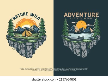 Forest And Lake Campground Illustration Landscape, Artwork For T-shirt Printing