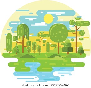 bosque y lago por la noche con ilustración de diseño plano