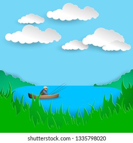 Forest lake. A fisherman in a boat. Weekend in nature. White clouds in the bright blue sky. Juicy green grass. Paper cut style.  Vector illustration