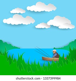 Forest lake. A fisherman in a boat. Weekend in nature. White clouds in the bright blue sky. Juicy green grass. Paper cut style.  Vector illustration