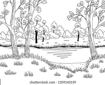 Forest lake graphic black white landscape sketch illustration vector