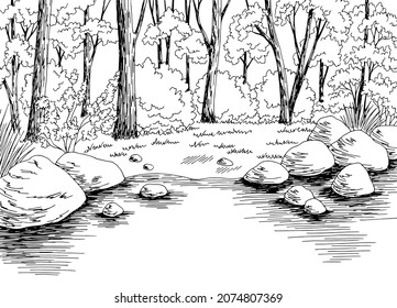 Forest lake graphic black white landscape sketch illustration vector 