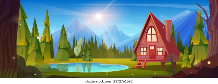 Wald Seehaus in der Nähe von Bergkartoon Vektorszene. Sommerhütte auf Pfählen in der Nähe von Teich und Kiefern. Naturlandschaft mit Holzhäusern Hotelbau für Ferien. Hütte mit immergrüner Landschaft