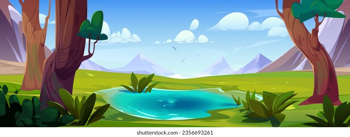 Forest lake and mountain nature vector landscape background. Green meadow with grass in park. Cloud in sunny blue sky. Beautiful peaceful summer valley wilderness environment panorama backdrop