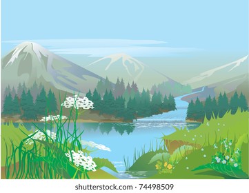 forest lake, mountain ,waterfall