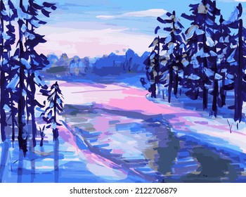 Forest and lake painted with paints