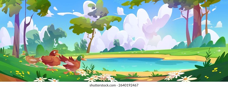 Forest lake scene with duck family swimming, green meadow banks, daisy flowers blooming, tall trees surrounding blue water pond. Sunny cartoon landscape with fluffy clouds. Peaceful nature setting.