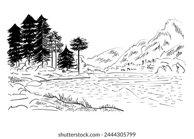 Forest Lake Sketch Handgezeichnete Landschaft Schwarz-Weiß-Zeichnungsumriss