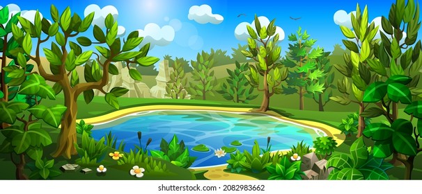 Forest lake surrounded by deciduous trees and bushes. Summer landscape with green hills and a small pond in the center. 